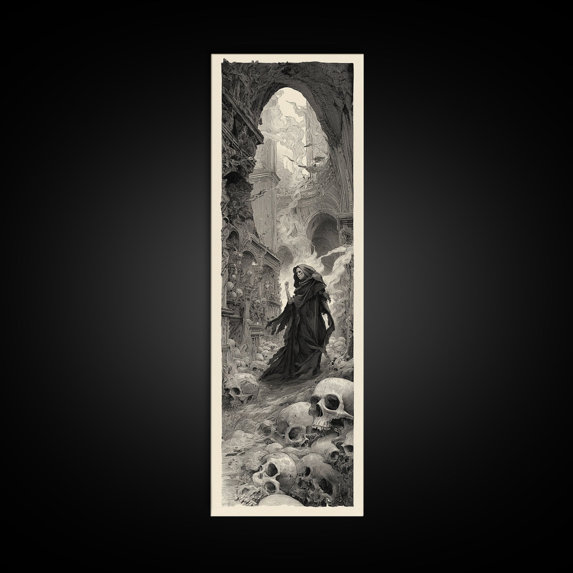 The Endless Catacombs, Gothic Engraving Art, Tall Narrow Wall Art, Dark Halloween Decor, Canvas Print, Halloween Wall Art