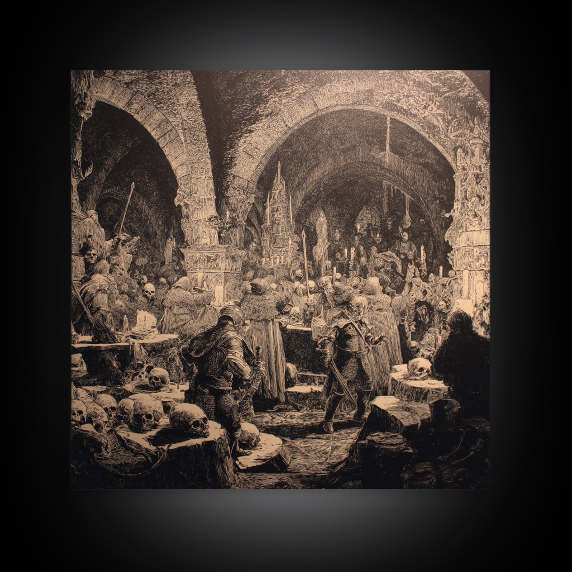 The Endless Catacombs, Renaissance Engraving Art, Square Wall Art, Dark Halloween Decor, Canvas Print, Halloween Wall Art