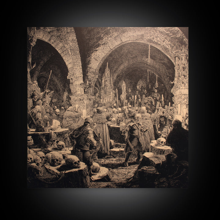 The Endless Catacombs, Renaissance Engraving Art, Square Wall Art, Dark Halloween Decor, Canvas Print, Halloween Wall Art