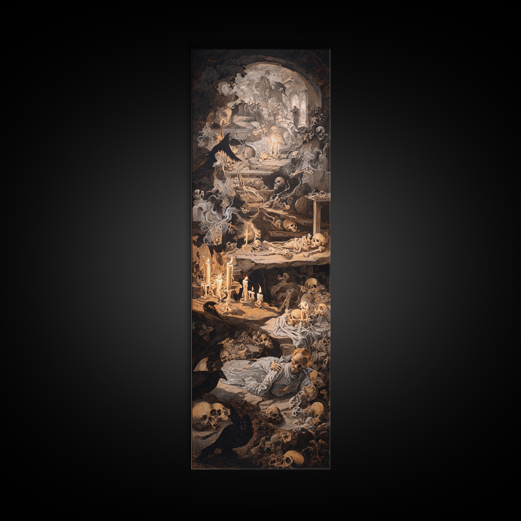 The Endless Catacombs, Gothic Nightmare Art, Tall Narrow Wall Art, Dark Halloween Decor, Framed Canvas Print, Halloween Wall Art