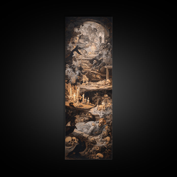 The Endless Catacombs, Gothic Nightmare Art, Tall Narrow Wall Art, Dark Halloween Decor, Framed Canvas Print, Halloween Wall Art
