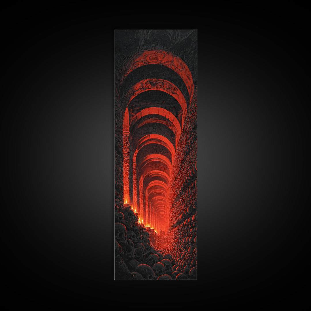The Endless Catacombs, Visionary Gothic Art, Tall Narrow Wall Art, Dark Halloween Decor, Framed Canvas Print, Halloween Wall Art