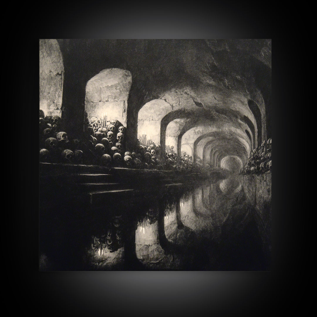 The Endless Catacombs, Symbolist Dream Art, Square Wall Art, Gothic Horror Wall Art, Framed Canvas Print, Halloween Wall Art