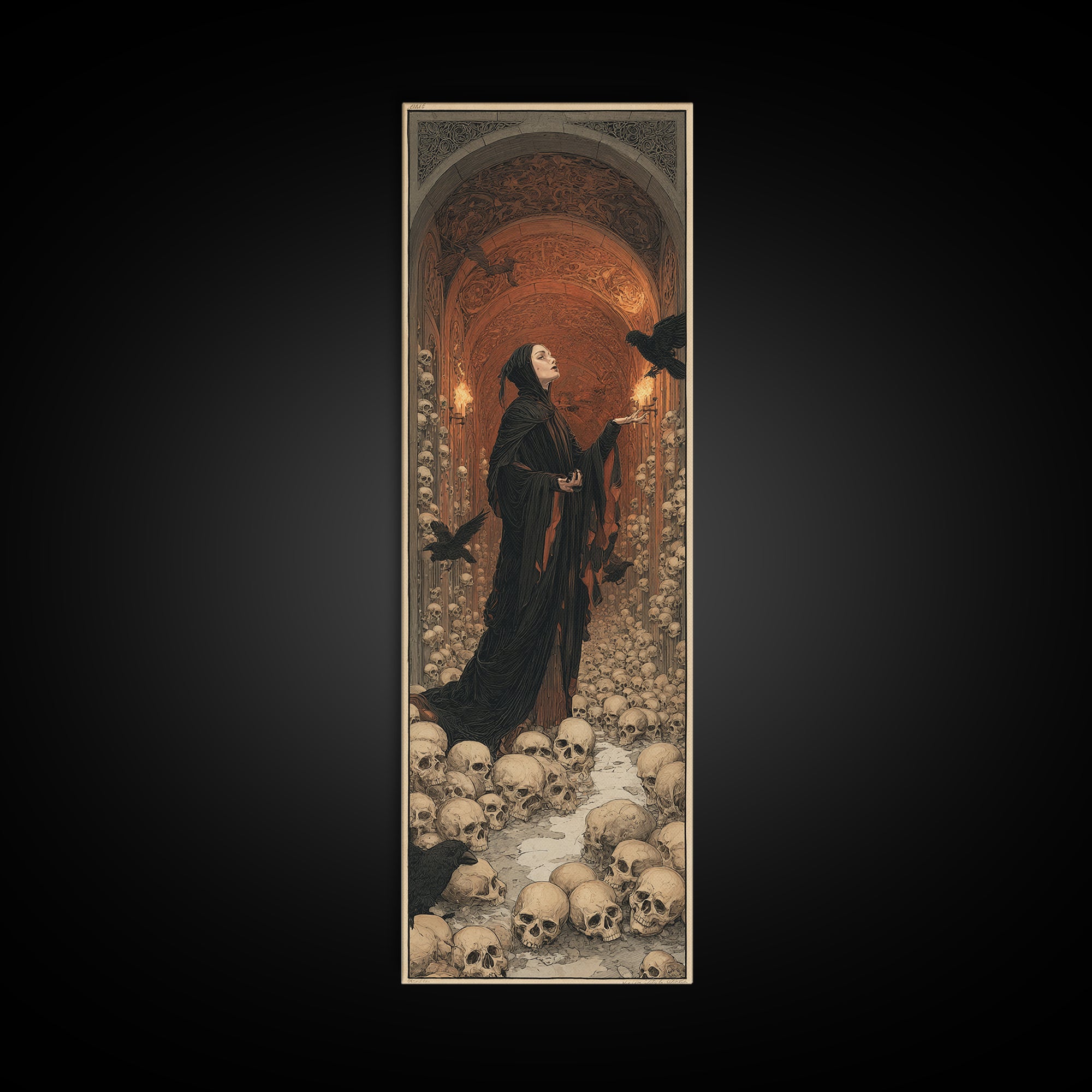 The Endless Catacombs, Symbolist Death Art, Tall Narrow Wall Art, Dark Fantasy Wall Art, Canvas Print, Halloween Wall Art