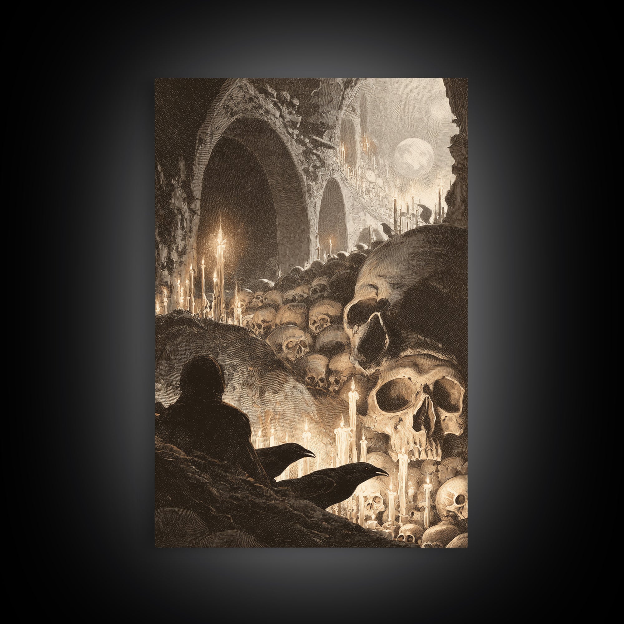 The Endless Catacombs, Symbolist Etching Art, Vertical Wall Art, Dark Halloween Decor, Canvas Print, Halloween Wall Art