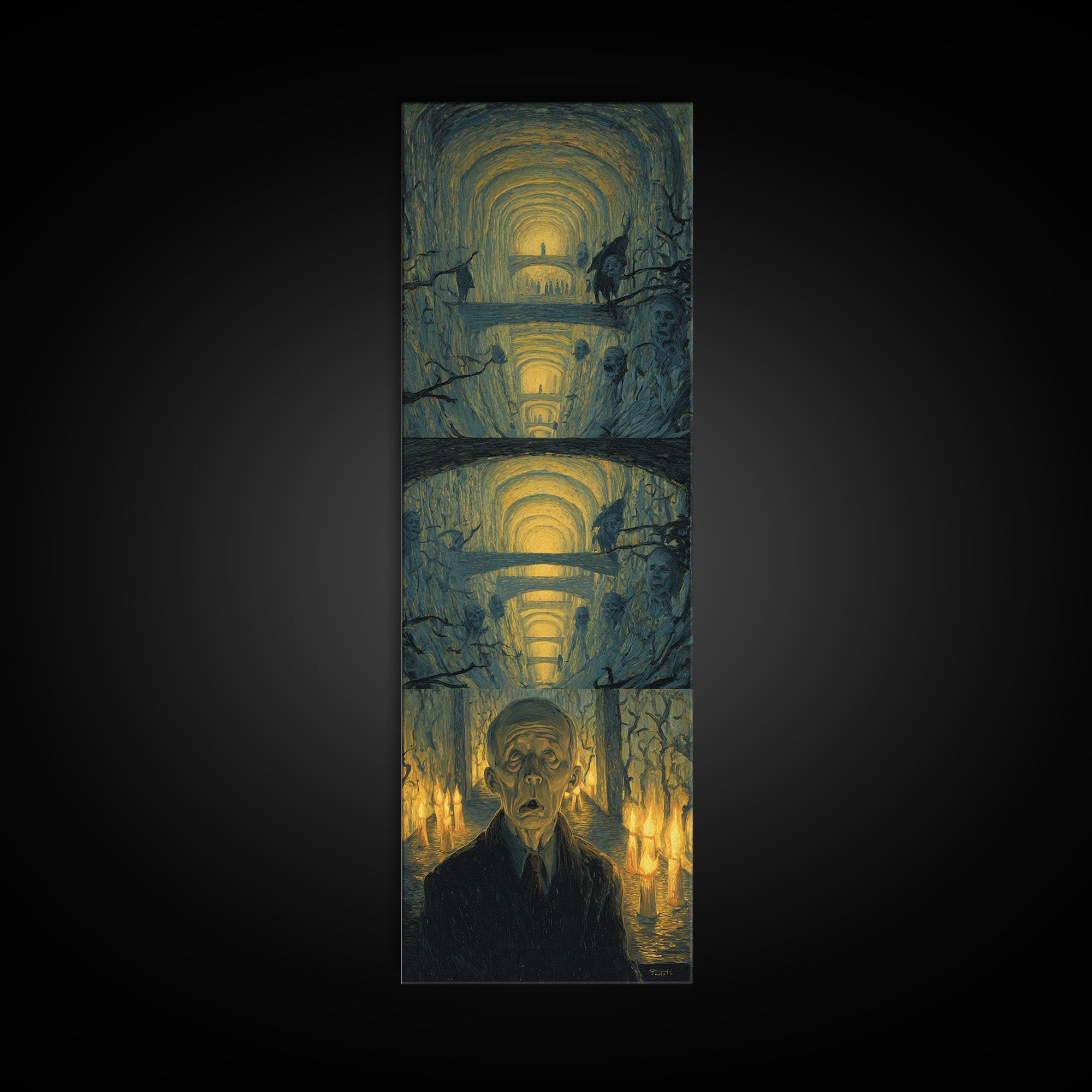The Endless Catacombs, Expressionist Gothic Art, Tall Narrow Wall Art, Macabre Wall Art, Framed Canvas Print, Halloween Wall Art