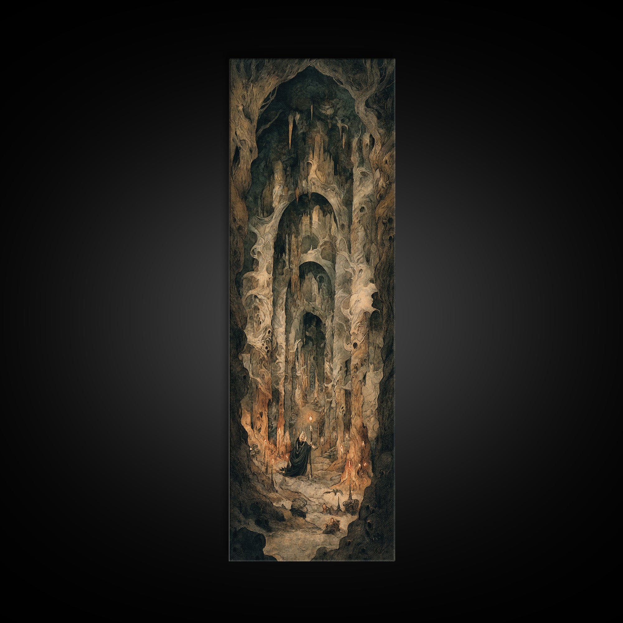 The Endless Catacombs, Gothic Storybook Art, Tall Narrow Wall Art, Dark Fantasy Wall Art, Canvas Print, Halloween Wall Art