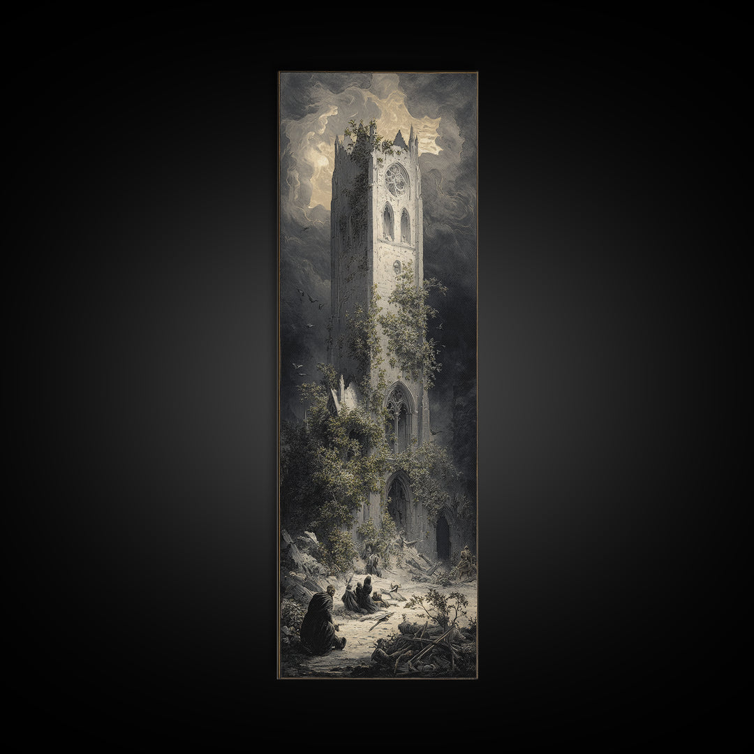 The Overgrown Chapel, Gothic Engraving Art, Tall Narrow Wall Art, Dark Halloween Decor, Canvas Print, Halloween Wall Art
