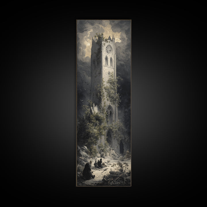 The Overgrown Chapel, Gothic Engraving Art, Tall Narrow Wall Art, Dark Halloween Decor, Canvas Print, Halloween Wall Art