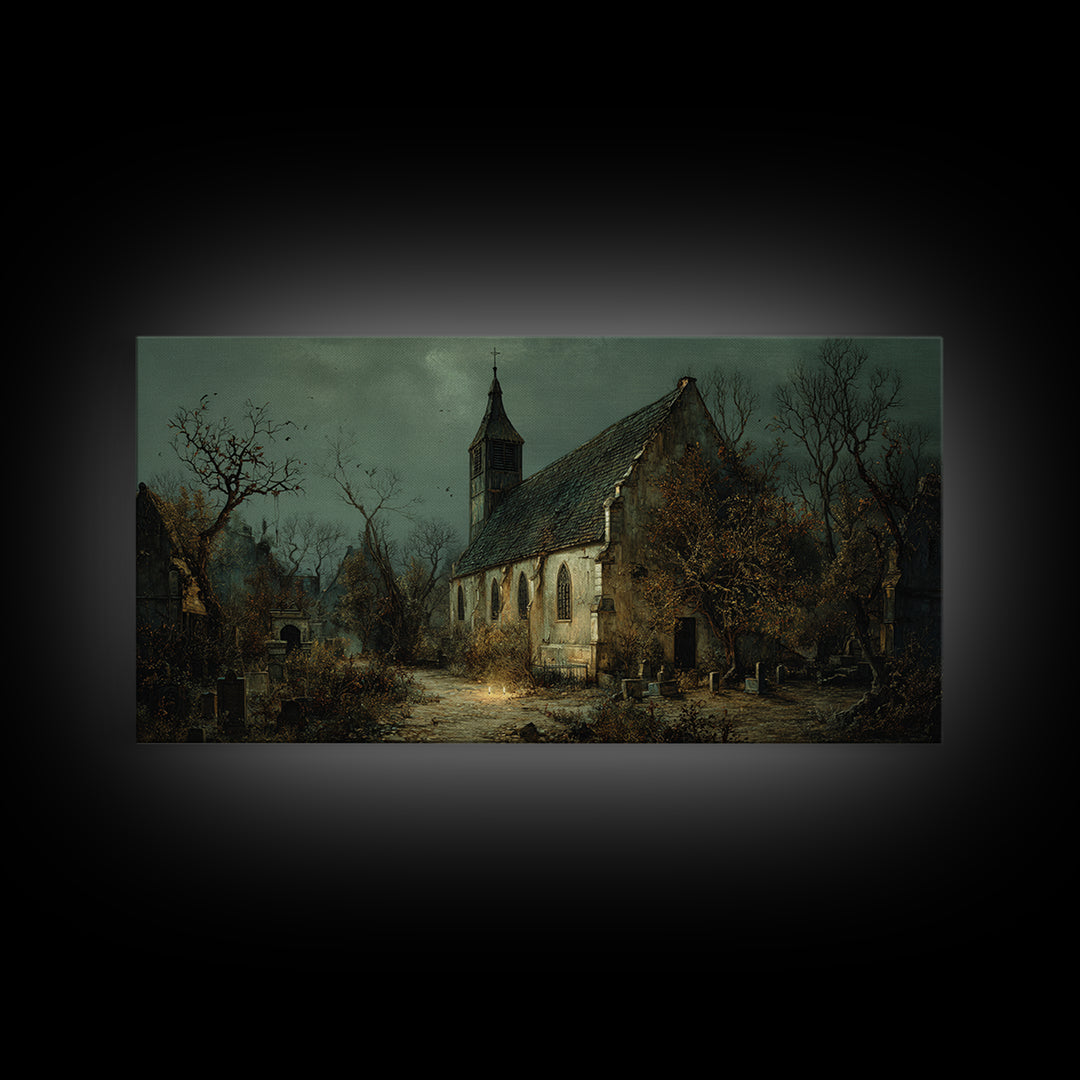The Overgrown Chapel, Northern Renaissance Horror, Wide Panoramic Art, Dark Halloween Decor, Canvas Print, Halloween Wall Art