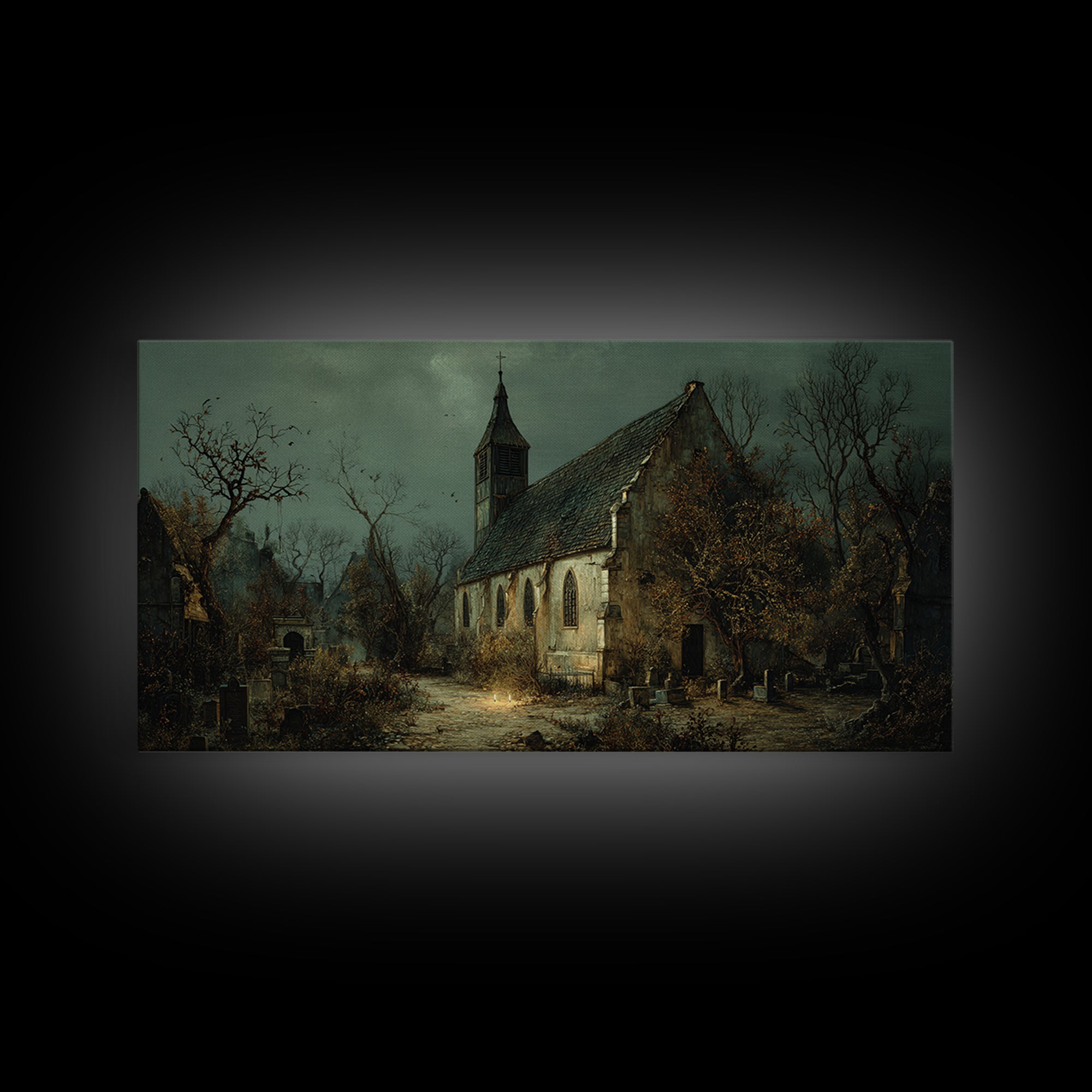 The Overgrown Chapel, Northern Renaissance Horror, Wide Panoramic Art, Dark Halloween Decor, Canvas Print, Halloween Wall Art