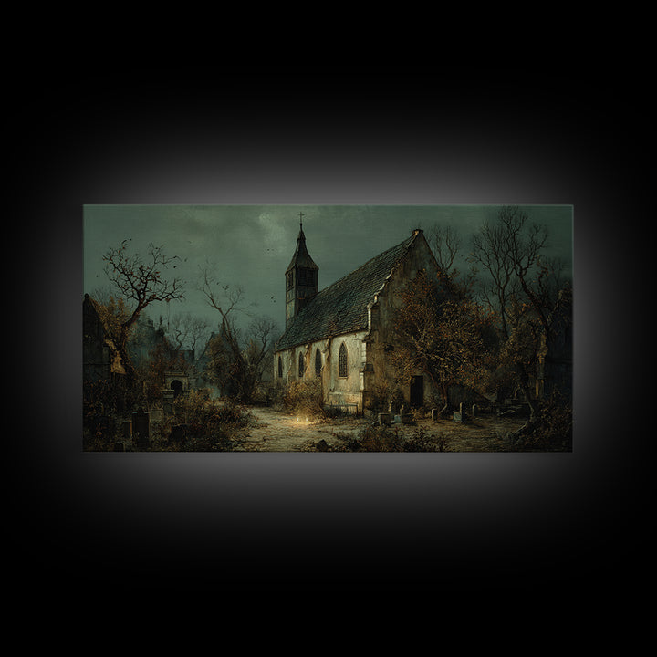 The Overgrown Chapel, Northern Renaissance Horror, Wide Panoramic Art, Dark Halloween Decor, Canvas Print, Halloween Wall Art
