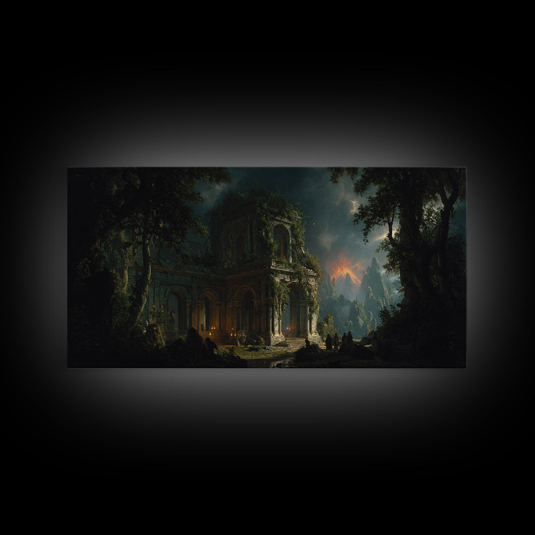 The Overgrown Chapel, Apocalyptic Romantic Art, Wide Panoramic Art, Dark Fantasy Wall Art, Framed Canvas Print, Halloween Wall Art