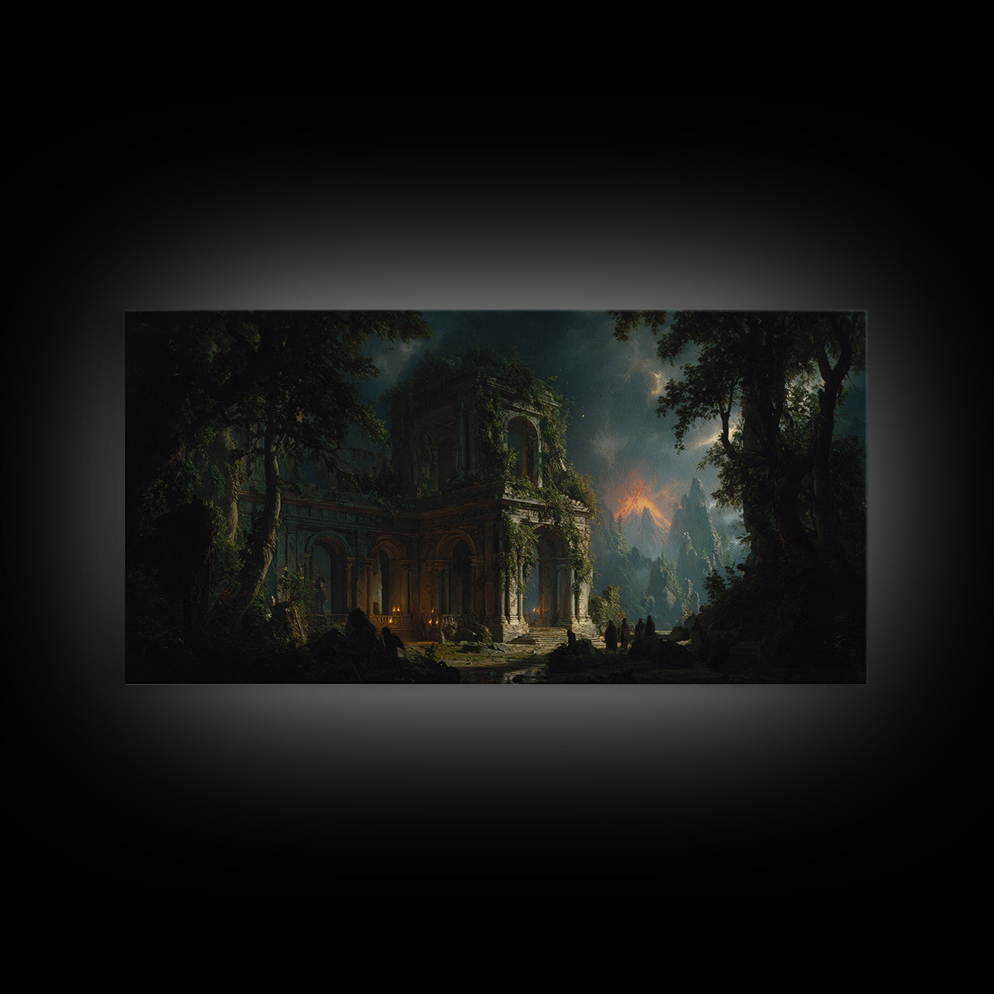 The Overgrown Chapel, Apocalyptic Romantic Art, Wide Panoramic Art, Dark Fantasy Wall Art, Framed Canvas Print, Halloween Wall Art