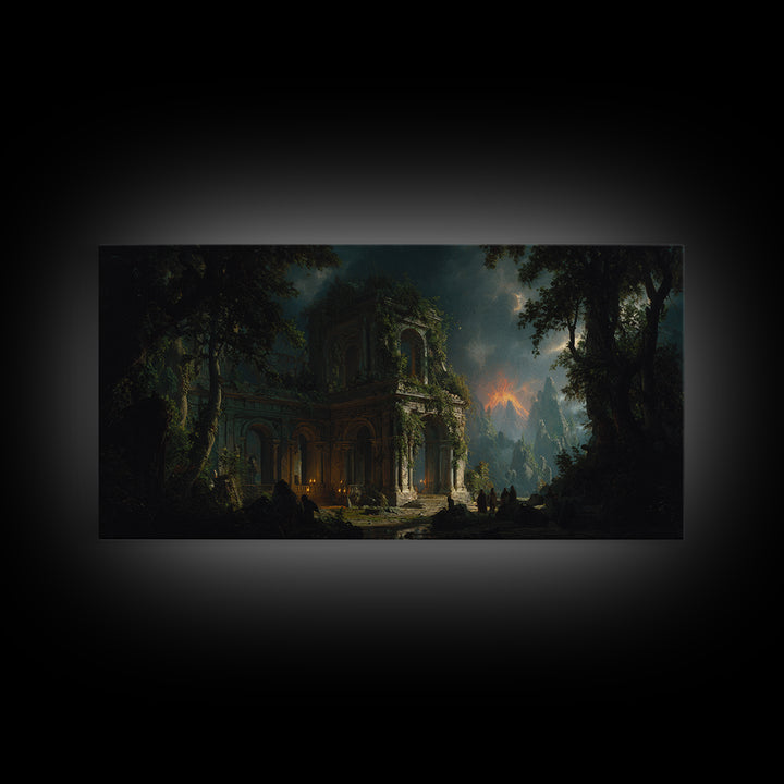 The Overgrown Chapel, Apocalyptic Romantic Art, Wide Panoramic Art, Dark Fantasy Wall Art, Framed Canvas Print, Halloween Wall Art