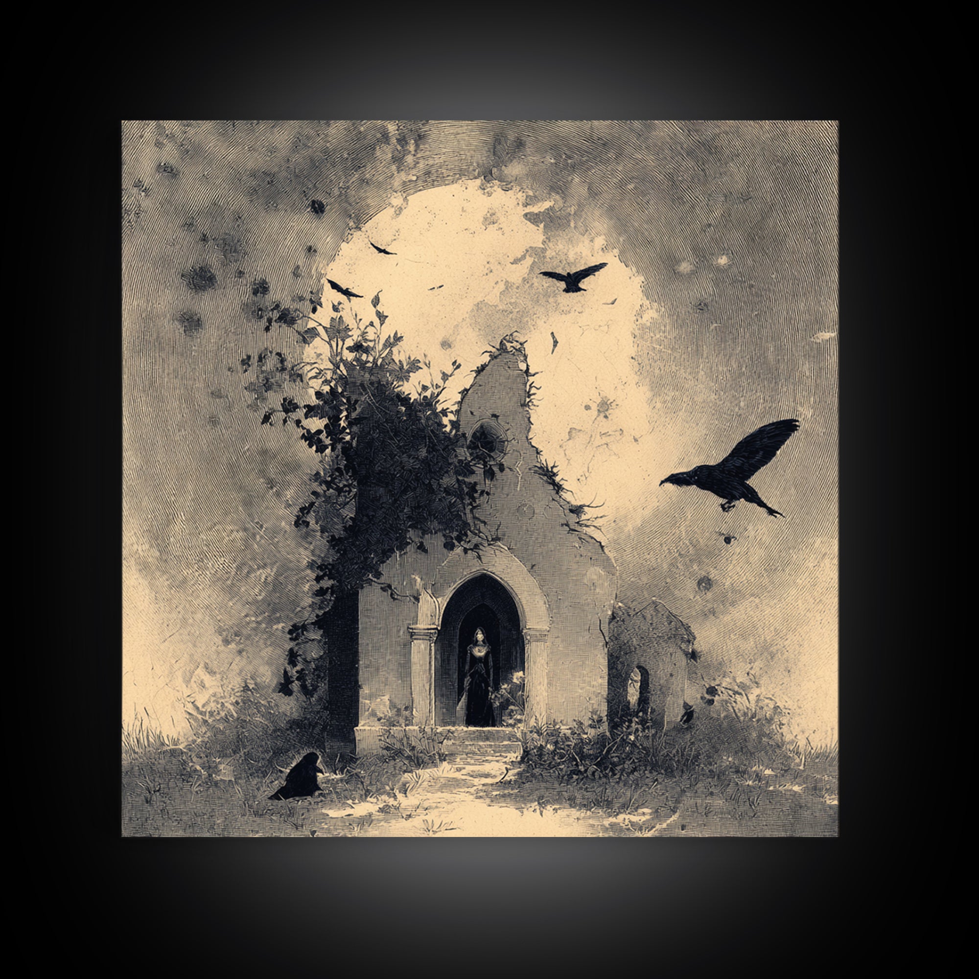 The Overgrown Chapel, Symbolist Dream Art, Square Wall Art, Dark Halloween Decor, Canvas Print, Halloween Wall Art