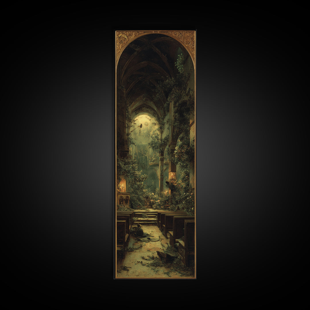 The Overgrown Chapel, Ornate Symbolist Art, Tall Narrow Wall Art, Dark Fantasy Wall Art, Canvas Print, Halloween Wall Art