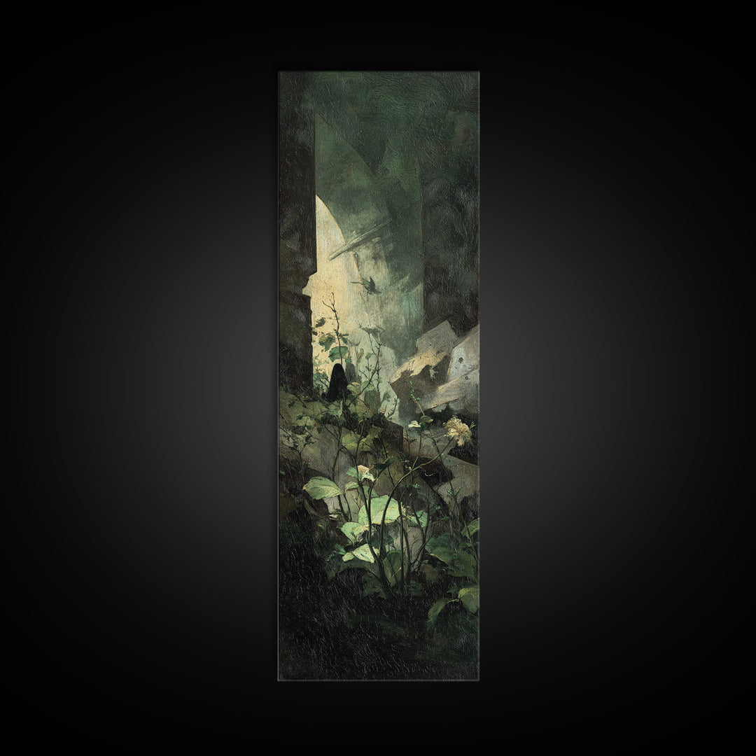 The Overgrown Chapel, Dark Symbolist Art, Tall Narrow Wall Art, Dark Halloween Decor, Canvas Print, Halloween Wall Art