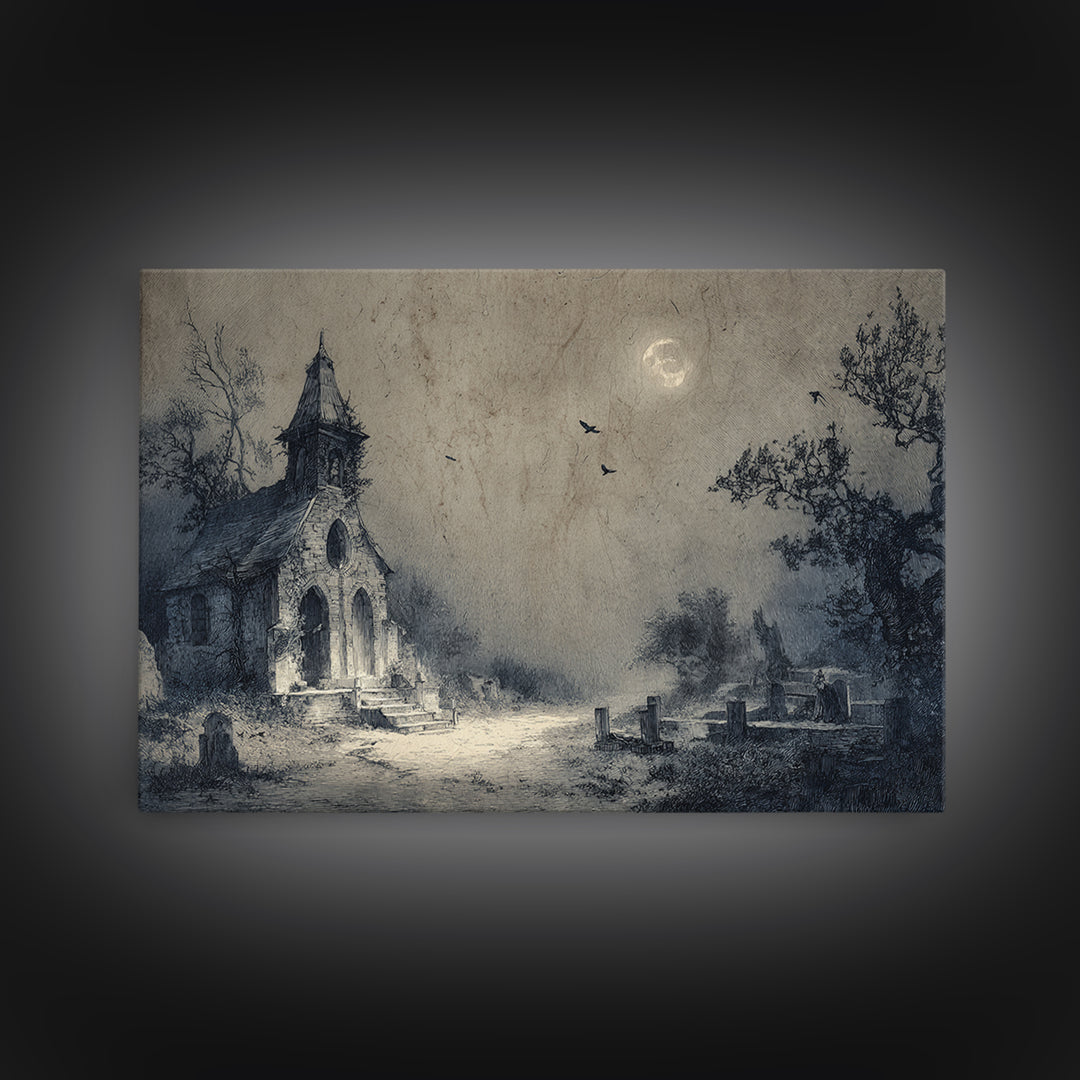 The Overgrown Chapel, Expressionist Nightmare Art, Landscape Wall Art, Macabre Wall Art, Framed Canvas Print, Halloween Wall Art
