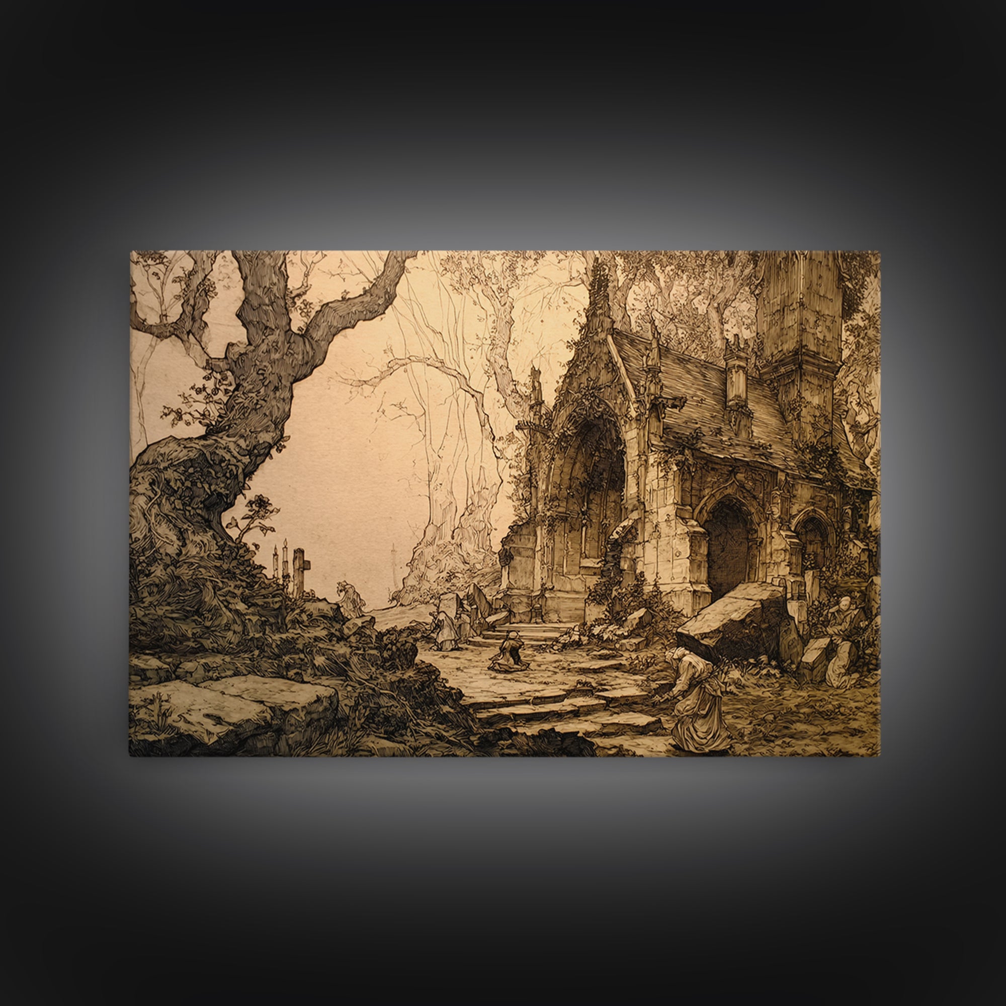 The Overgrown Chapel, Gothic Storybook Art, Landscape Wall Art, Macabre Wall Art, Framed Canvas Print, Halloween Wall Art