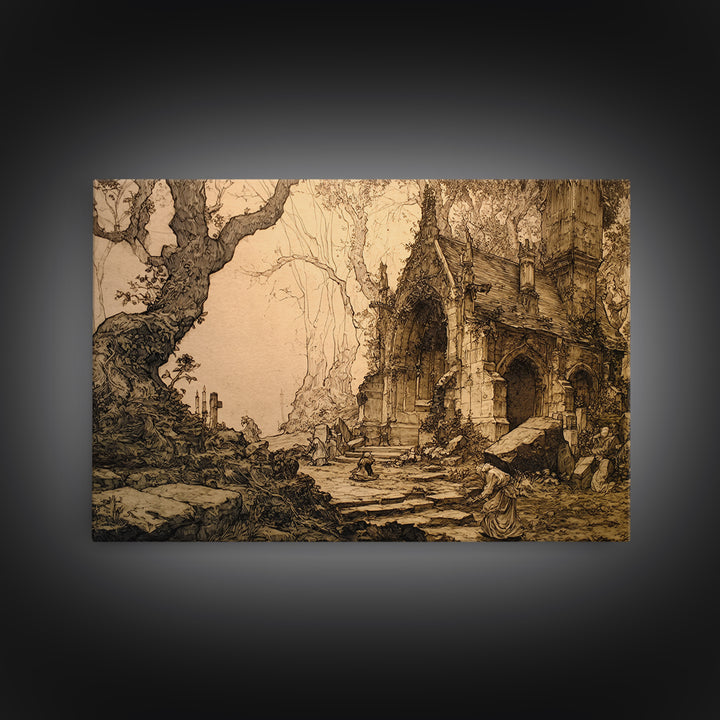 The Overgrown Chapel, Gothic Storybook Art, Landscape Wall Art, Macabre Wall Art, Framed Canvas Print, Halloween Wall Art