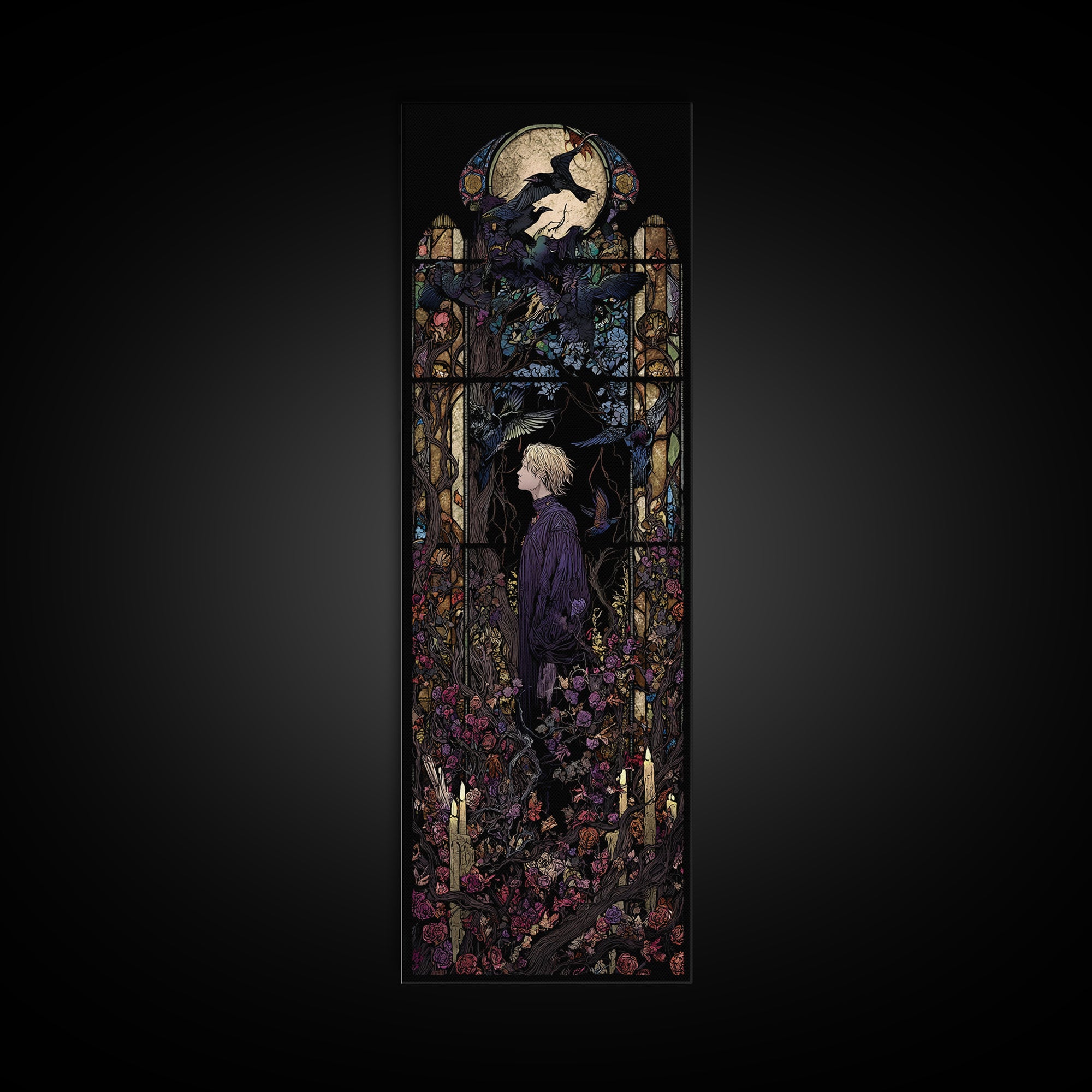 The Overgrown Chapel, Stained Glass Gothic Art, Tall Narrow Wall Art, Dark Fantasy Wall Art, Canvas Print, Halloween Wall Art