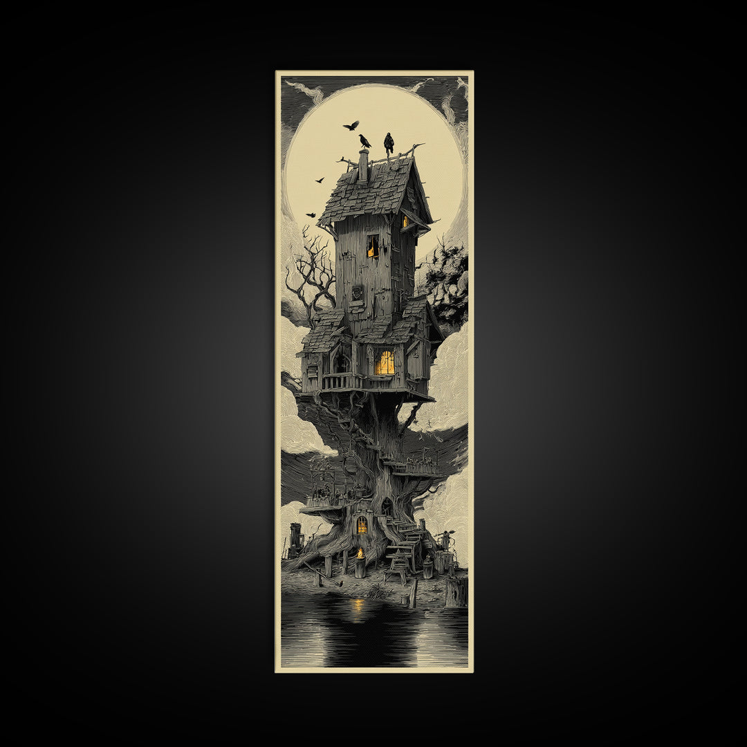 The Foggy Swamp Shack, Gothic Engraving Art, Tall Narrow Wall Art, Dark Halloween Decor, Framed Canvas Print, Halloween Wall Art