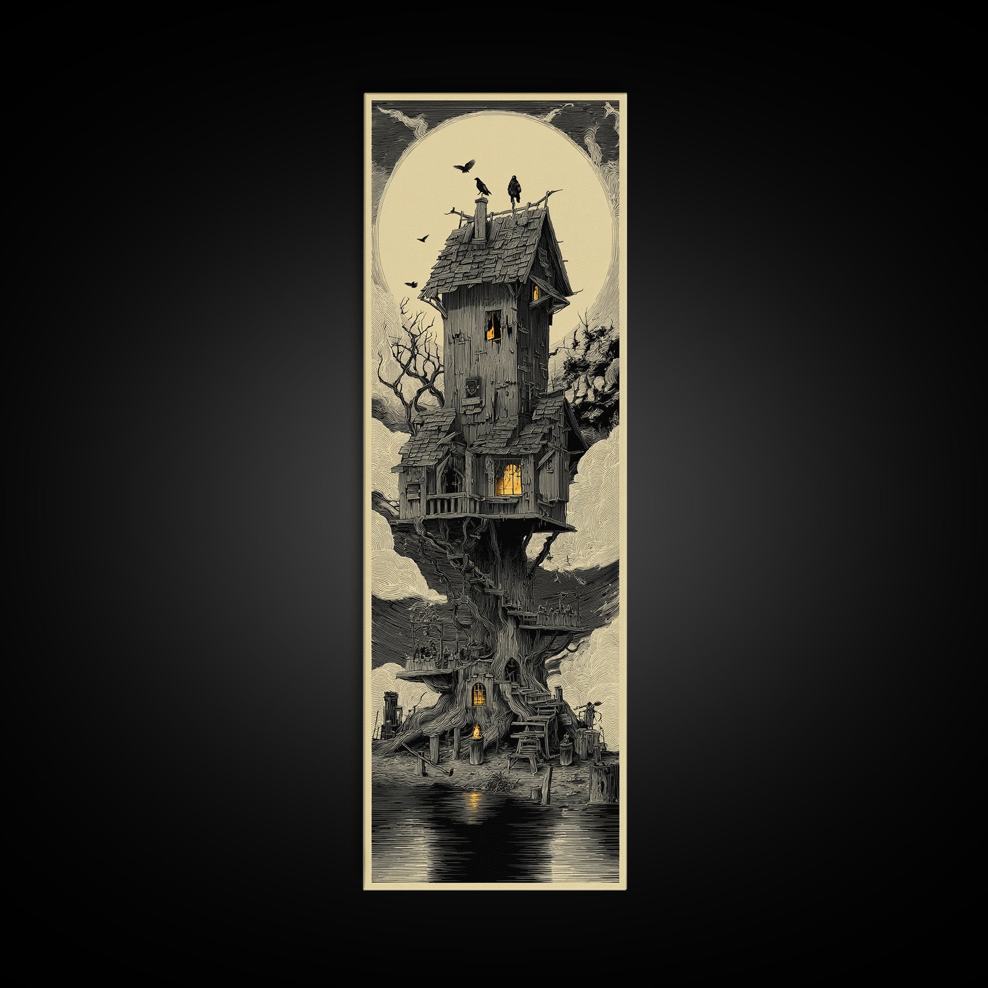The Foggy Swamp Shack, Gothic Engraving Art, Tall Narrow Wall Art, Dark Halloween Decor, Framed Canvas Print, Halloween Wall Art
