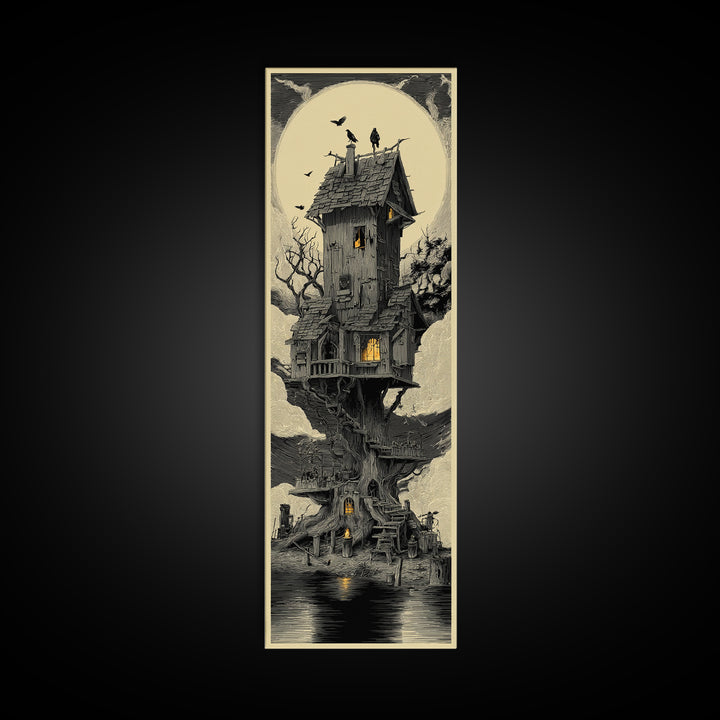 The Foggy Swamp Shack, Gothic Engraving Art, Tall Narrow Wall Art, Dark Halloween Decor, Framed Canvas Print, Halloween Wall Art