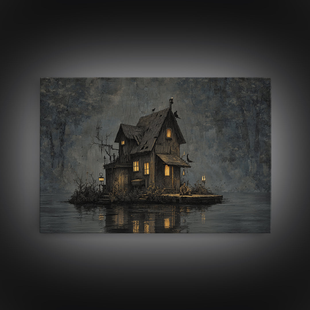 The Foggy Swamp Shack, Medieval Grotesque Art, Landscape Wall Art, Macabre Wall Art, Canvas Print, Halloween Wall Art