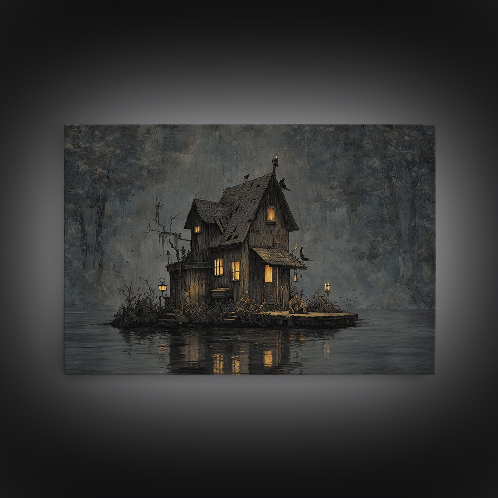 The Foggy Swamp Shack, Medieval Grotesque Art, Landscape Wall Art, Macabre Wall Art, Canvas Print, Halloween Wall Art
