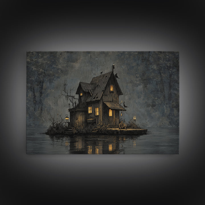 The Foggy Swamp Shack, Medieval Grotesque Art, Landscape Wall Art, Macabre Wall Art, Canvas Print, Halloween Wall Art