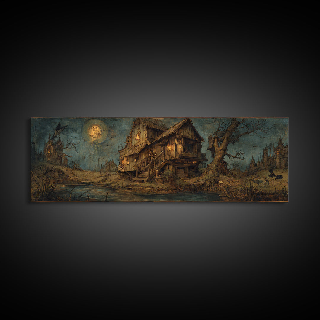 The Foggy Swamp Shack, Dark Renaissance Art, Extra Wide Wall Art, Dark Halloween Decor, Framed Canvas Print, Halloween Wall Art