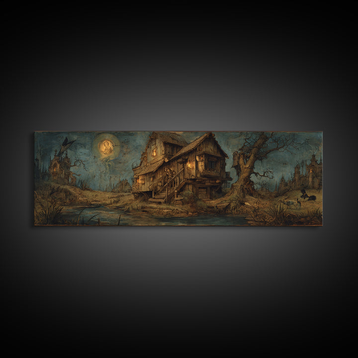 The Foggy Swamp Shack, Dark Renaissance Art, Extra Wide Wall Art, Dark Halloween Decor, Framed Canvas Print, Halloween Wall Art