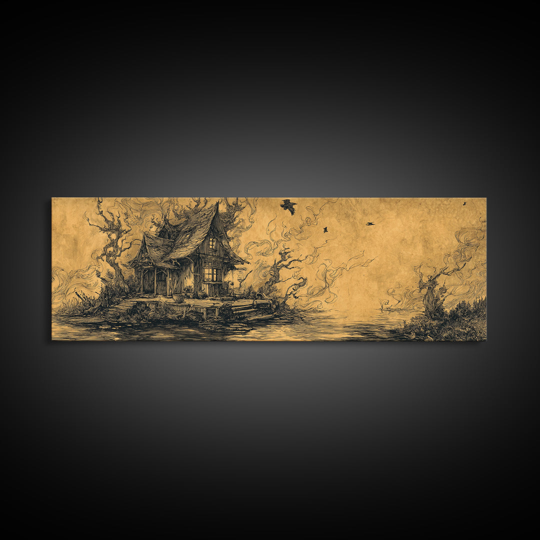 The Foggy Swamp Shack, Renaissance Engraving Art, Extra Wide Wall Art, Macabre Wall Art, Framed Canvas Print, Halloween Wall Art