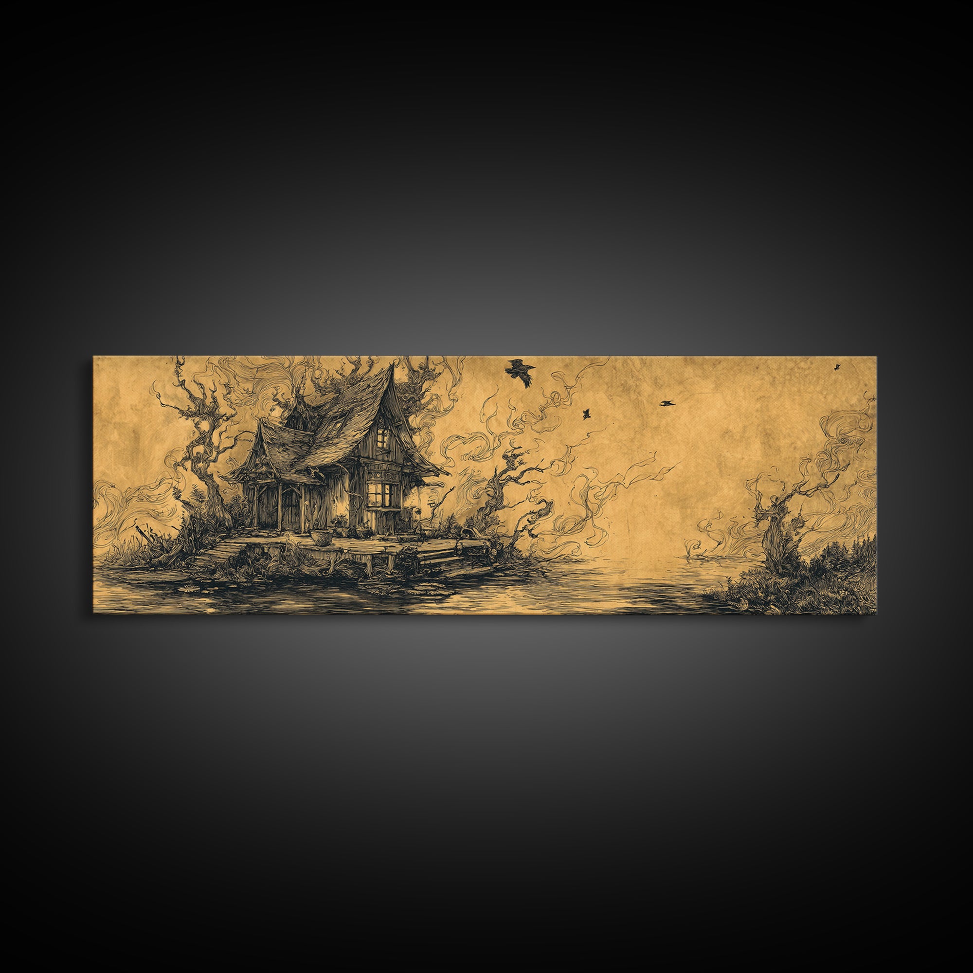 The Foggy Swamp Shack, Renaissance Engraving Art, Extra Wide Wall Art, Macabre Wall Art, Framed Canvas Print, Halloween Wall Art