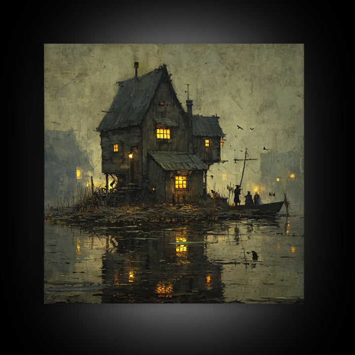 The Foggy Swamp Shack, Danse Macabre Art, Square Wall Art, Gothic Horror Wall Art, Framed Canvas Print