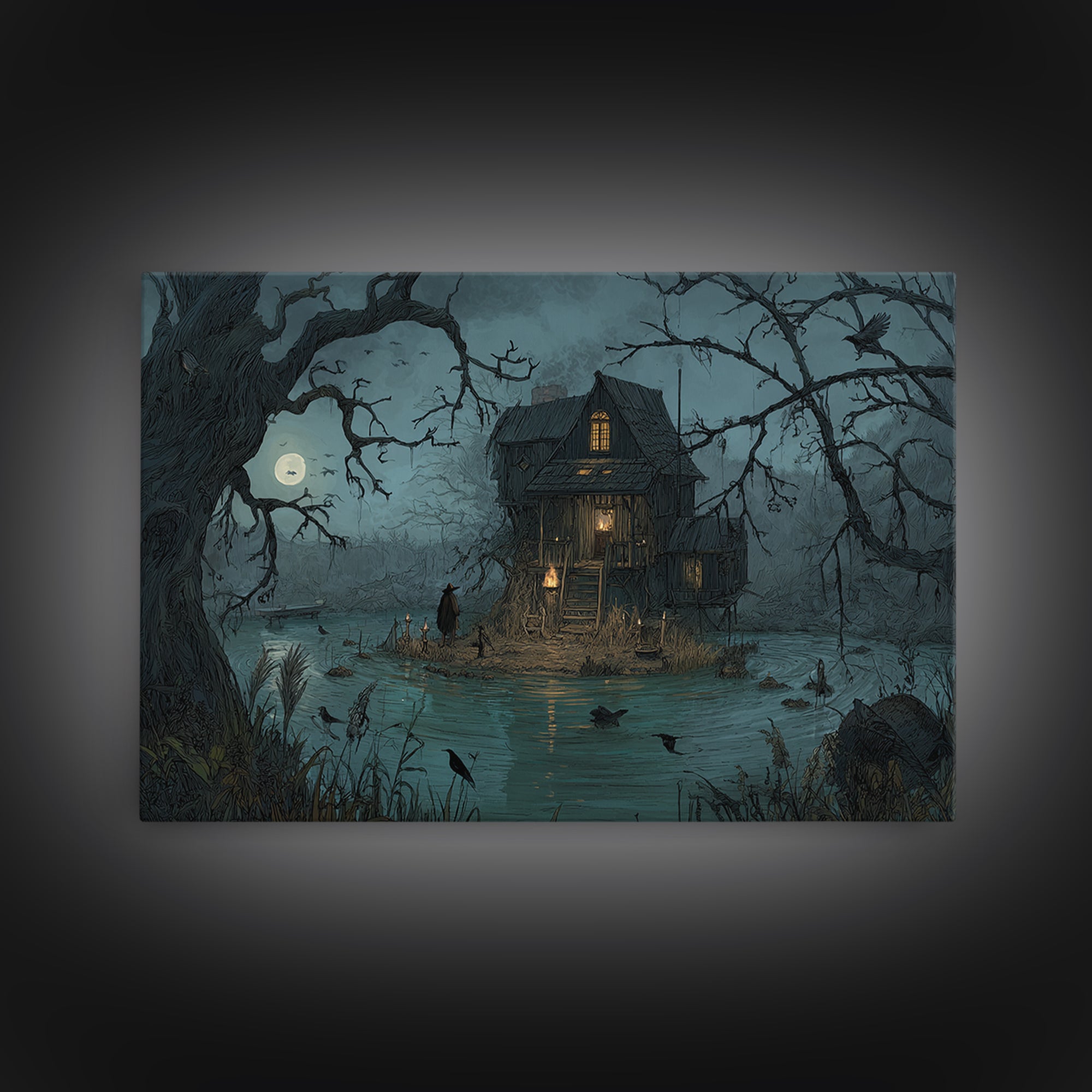The Foggy Swamp Shack, Baroque Witchcraft Art, Landscape Wall Art, Gothic Horror Wall Art, Canvas Print, Halloween Wall Art