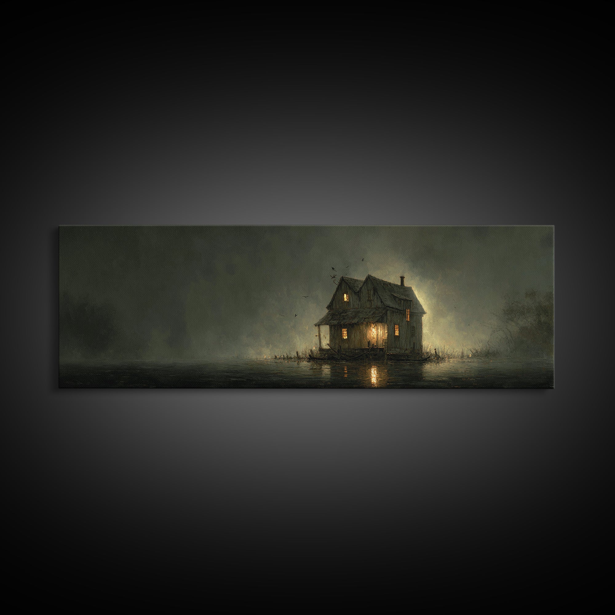 The Foggy Swamp Shack, Dark Romantic Horror Art, Extra Wide Wall Art, Macabre Wall Art, Canvas Print, Halloween Wall Art