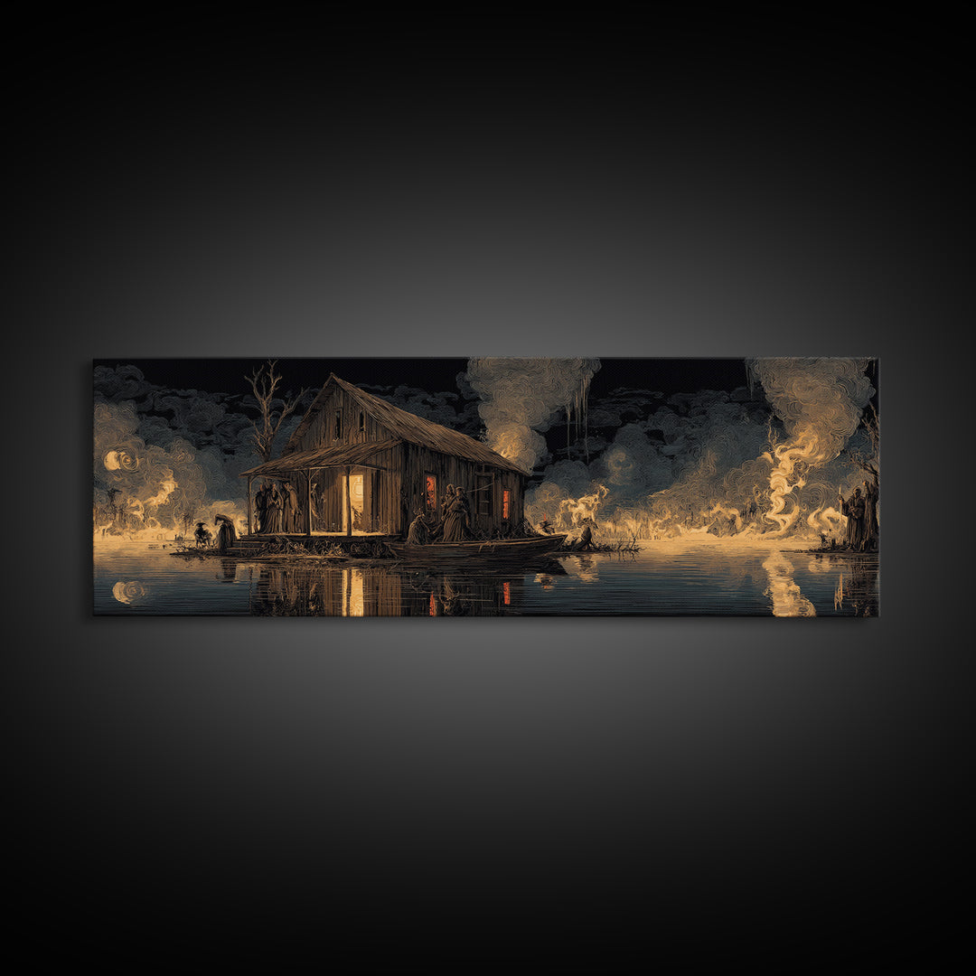The Foggy Swamp Shack, Visionary Gothic Art, Extra Wide Wall Art, Dark Halloween Decor, Framed Canvas Print, Halloween Wall Art