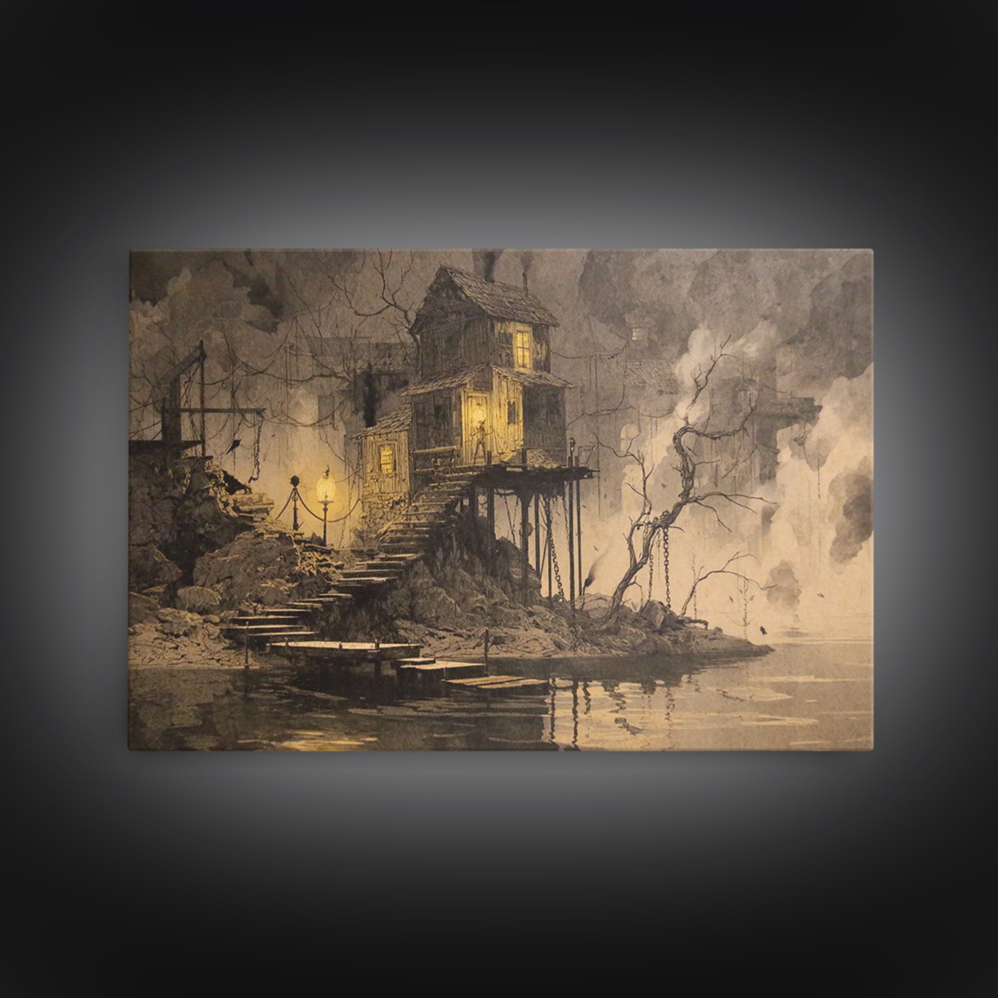 The Foggy Swamp Shack, Architectural Etching Art, Landscape Wall Art, Gothic Horror Wall Art, Canvas Print, Halloween Wall Art