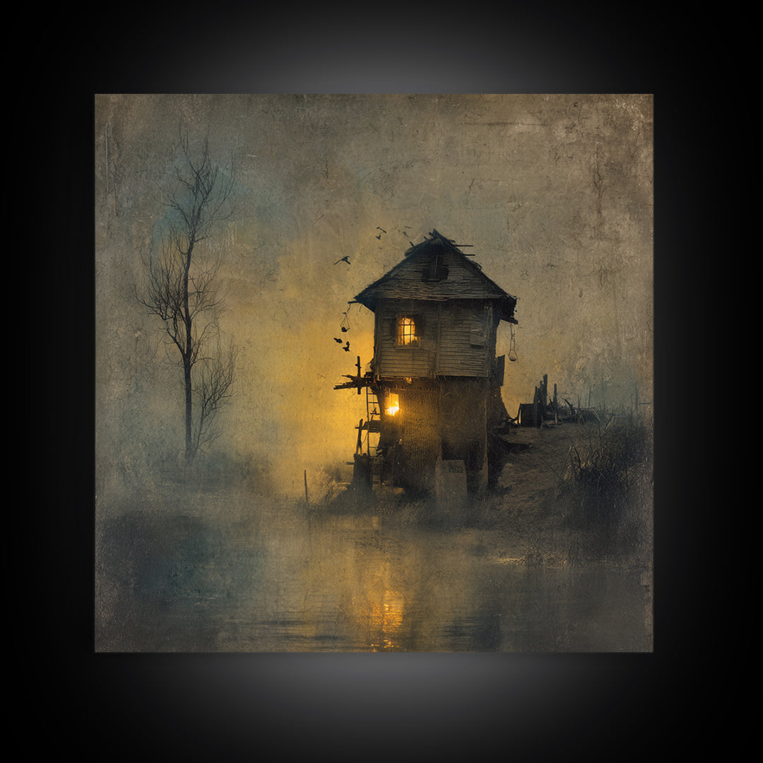 The Foggy Swamp Shack, Symbolist Dream Art, Square Wall Art, Dark Fantasy Wall Art, Canvas Print, Halloween Wall Art, Macabre Wall Art
