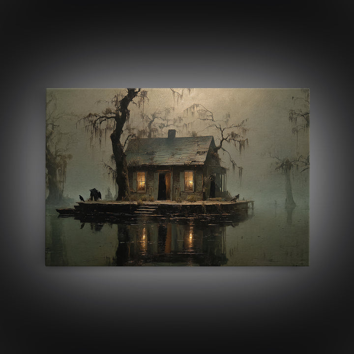 The Foggy Swamp Shack, Symbolist Gothic Landscape, Landscape Wall Art, Macabre Wall Art, Canvas Print, Halloween Wall Art