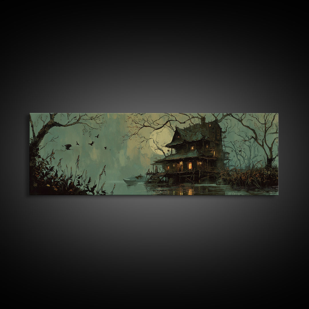 The Foggy Swamp Shack, Decadent Gothic Art, Extra Wide Wall Art, Macabre Wall Art, Framed Canvas Print, Halloween Wall Art