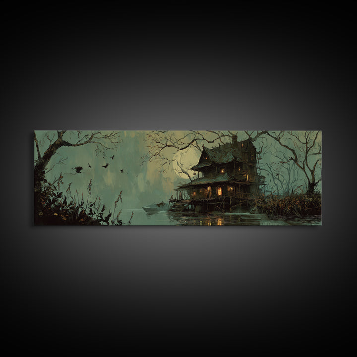 The Foggy Swamp Shack, Decadent Gothic Art, Extra Wide Wall Art, Macabre Wall Art, Framed Canvas Print, Halloween Wall Art
