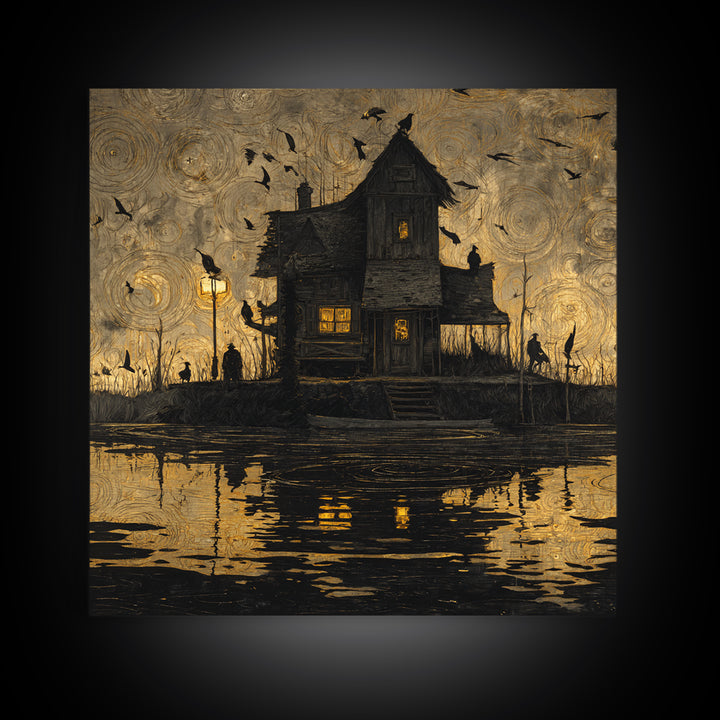 The Foggy Swamp Shack, Dark Symbolist Art, Square Wall Art, Macabre Wall Art, Framed Canvas Print, Halloween Wall Art