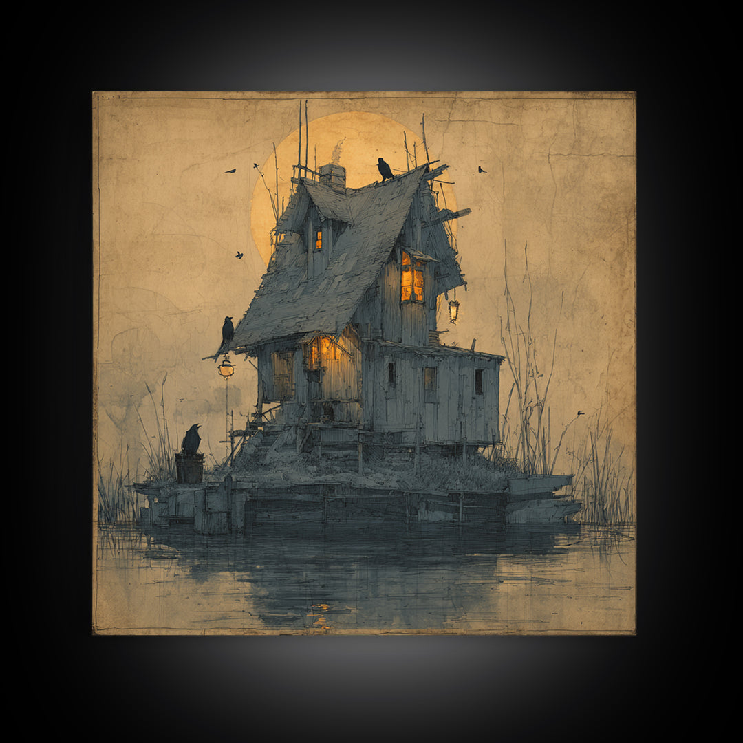 The Foggy Swamp Shack, Symbolist Etching Art, Square Wall Art, Dark Halloween Decor, Framed Canvas Print, Halloween Wall Art