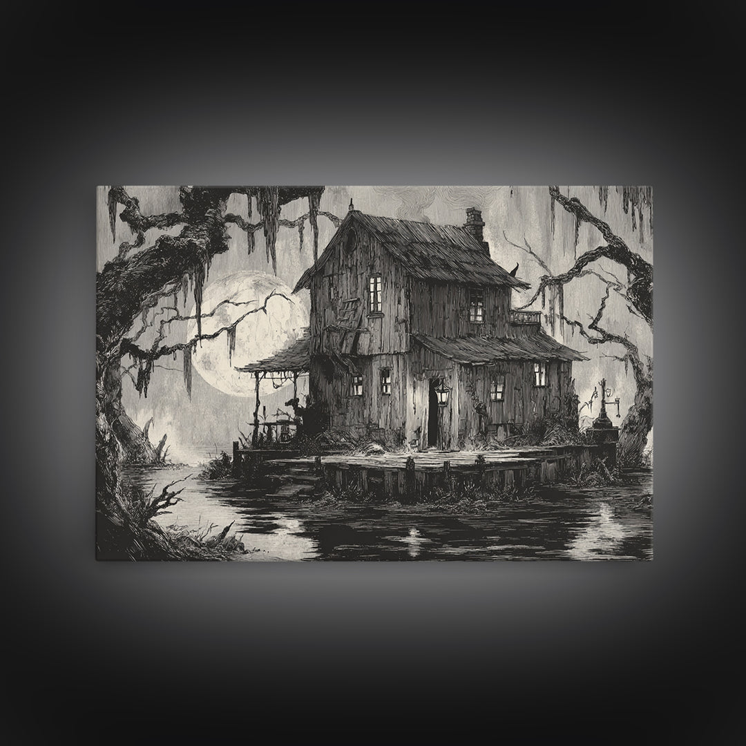 The Foggy Swamp Shack, Expressionist Nightmare Art, Landscape Wall Art, Gothic Horror Wall Art, Canvas Print, Halloween Wall Art