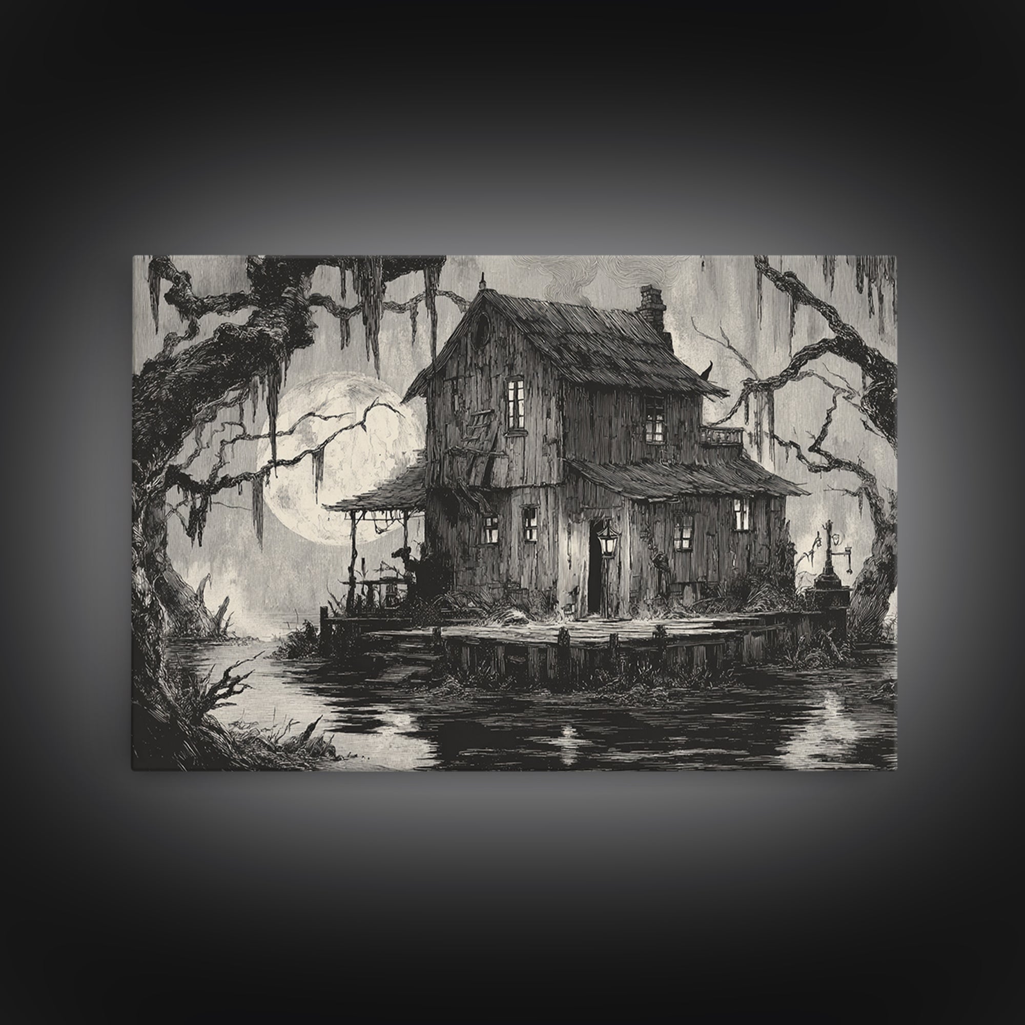 The Foggy Swamp Shack, Expressionist Nightmare Art, Landscape Wall Art, Gothic Horror Wall Art, Canvas Print, Halloween Wall Art