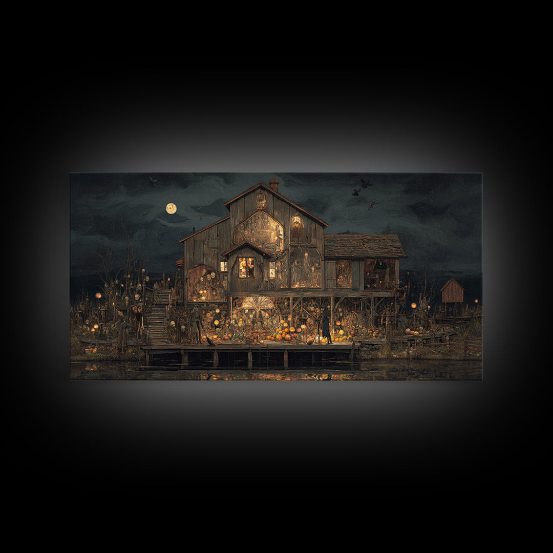 The Foggy Swamp Shack, Grotesque Carnival Art, Wide Panoramic Art, Gothic Horror Wall Art, Framed Canvas Print, Halloween Wall Art